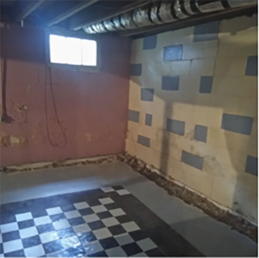 a room with a checkered floor and a window